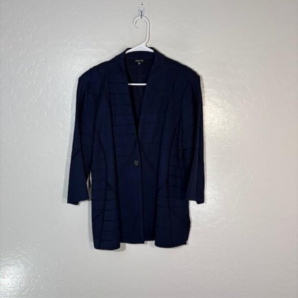 Misook Jacket Womens Medium Navy Blue Textured Knit Open Front Blazer Career - Picture 1 of 8